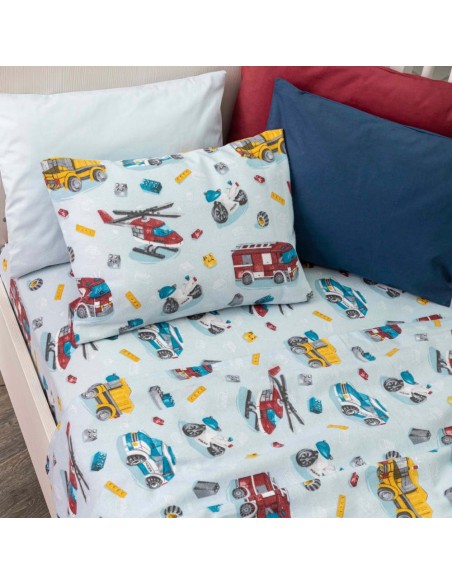 Σετ Σεντόνια Κούνιας Φανελένια Πυροσβεστική Σιέλ  120 x 160