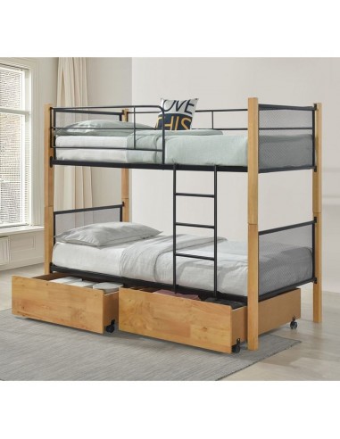 NET Κρεβάτι Κουκέτα Ξύλο Φυσικό, Μέταλλο Βαφή Μαύρο, με 2 Συρτάρια