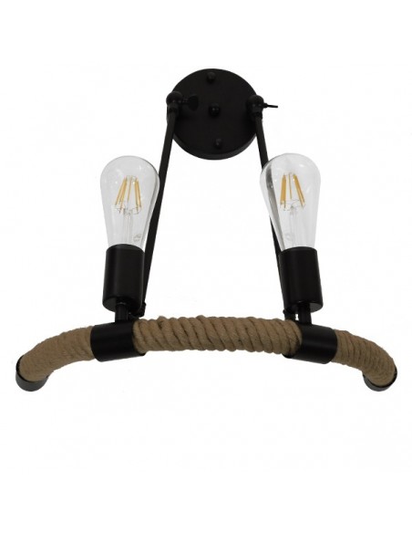 GloboStar® CROWN 01002 Vintage Industrial Φωτιστικό Τοίχου Απλίκα Δίφωτο Μαύρο Μεταλλικό με Μπεζ Σχοινί Μ21.5 x Π41 x Υ47cm