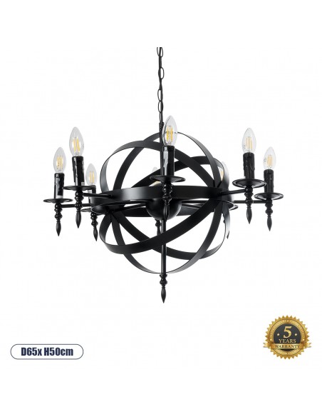 GloboStar® ESTELLE 01003 Vintage Industrial Κρεμαστό Φωτιστικό Οροφής Πολύφωτο 8 x E14 AC220-240V IP20 - Φ65 x Y50cm - Μαύρο Μεταλλικό Πολυέλαιος Πλέγμα