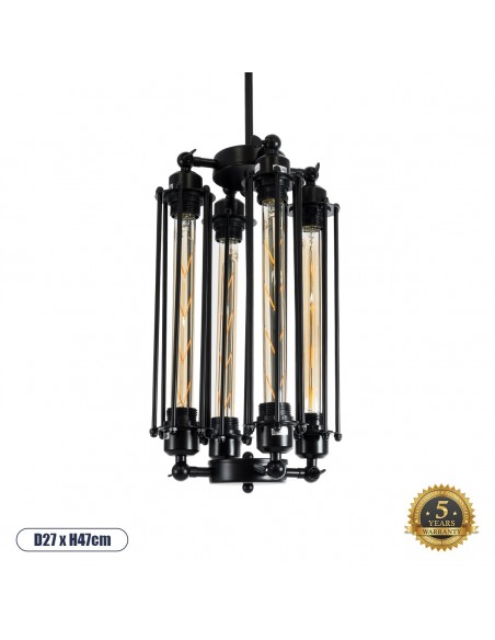 GloboStar® TUBING 01013 Vintage Industrial Κρεμαστό Φωτιστικό Οροφής Πολύφωτο 4 x E27 AC220-240V - Φ27 x Υ47cm - Μαύρο Μεταλλικό Πλέγμα