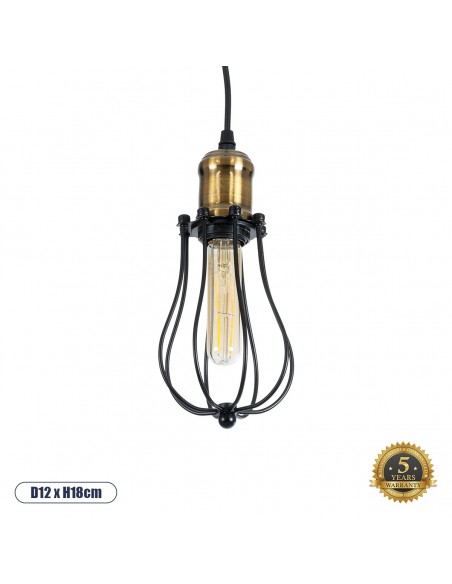GloboStar® CAMBER 01016 Vintage Industrial Κρεμαστό Φωτιστικό Οροφής Μονόφωτο 1 x E27 AC220-240V IP20 - Φ12 x Y18cm - Μαύρο Μεταλλικό Πλέγμα