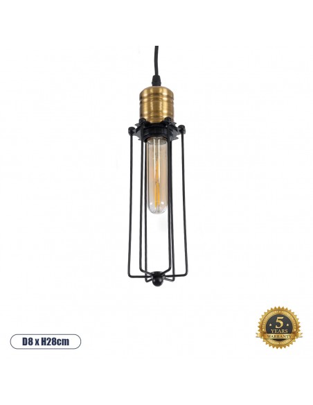 GloboStar® KLECE 01057 Vintage Industrial Κρεμαστό Φωτιστικό Οροφής Μονόφωτο 1 x E27 AC220-240V - Φ8 x Υ28cm - Μαύρο Μεταλλικό Πλέγμα