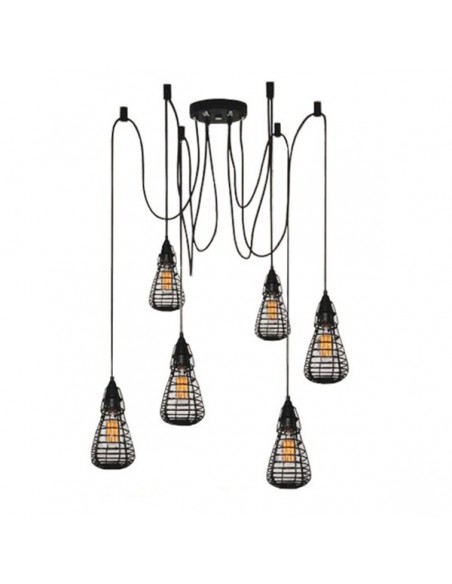 GloboStar® DROPS 01059 Vintage Industrial Κρεμαστό Φωτιστικό Οροφής Πολύφωτο Μαύρο Μεταλλικό Πλέγμα