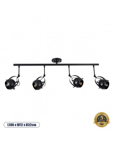 GloboStar® CANNES 01082 Μοντέρνο Φωτιστικό Οροφής Πολύφωτο 4 x E27 Μαύρο Μεταλλικό Ράγα Μ108 x Π12 x Υ48cm