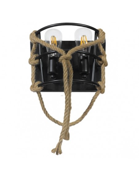 GloboStar® BARBOSA 01083 Vintage Industrial Φωτιστικό Τοίχου Απλίκα Δίφωτο Μαύρο Μεταλλικό Πλέγμα με Μπεζ Σχοινί Μ12 x Π19 x Υ28cm