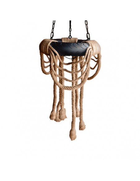 GloboStar® RUNNER 01115 Vintage Industrial Κρεμαστό Φωτιστικό Οροφής Πολύφωτο 6 x E27 Μαύρο με Μπεζ Σχοινί Φ45 x Y60cm