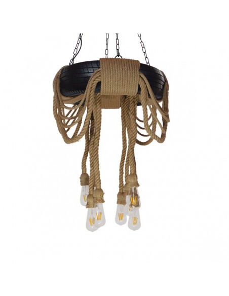 GloboStar® MARBELLA 01116 Vintage Industrial Κρεμαστό Φωτιστικό Οροφής Πολύφωτο 8 x E27 Μαύρο με Μπεζ Σχοινι Φ60 x Y60cm