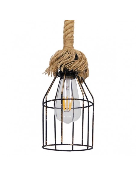 GloboStar® LAICO 01129 Vintage Κρεμαστό Φωτιστικό Οροφής Μονόφωτο 1 x E27 Μπρούτζινο Σκουριά Μεταλλικό Πλέγμα με Μπεζ Σχοινί Φ12 x Y100cm