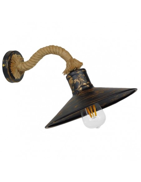 GloboStar® BRASTA 01131 Vintage Φωτιστικό Τοίχου Απλίκα Μονόφωτο Μπρούτζινο Σκουριά Μεταλλικό Καμπάνα με Μπεζ Σχοινί Φ27 x Μ32 x Π27 x Υ34cm