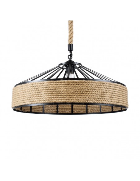 GloboStar® POLI 01147 Vintage Κρεμαστό Φωτιστικό Οροφής Μονόφωτο 1 x E27 Μαύρο Μεταλλικό με Μπεζ Σχοινί Φ50 x Y21cm