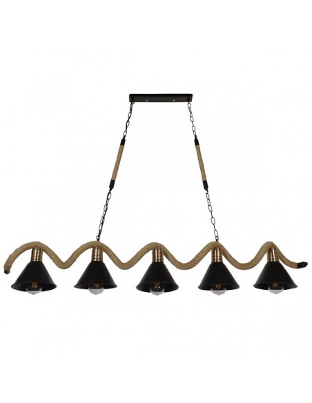 GloboStar® TYMEN 01190 Vintage Φωτιστικό Οροφής Πολύφωτο 5 x E27 Μαύρο Μεταλλικό Καμπάνα με Μπεζ Σχοινί Μ150 x Π22 x Υ23cm