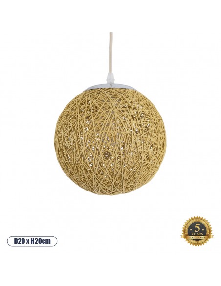 GloboStar® OCEANA 01200 Vintage Κρεμαστό Φωτιστικό Οροφής Μονόφωτο 1 x E27 AC220-240V - Φ20 x Υ20cm - Μπεζ Ξύλινο Ψάθινο Rattan Μπάλα