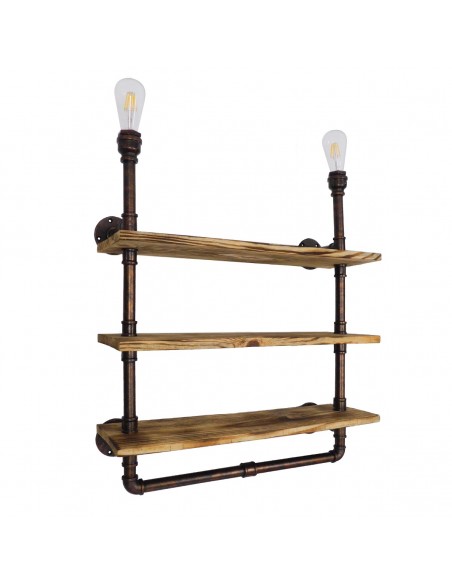 GloboStar® ENIMAS 01217 Vintage Industrial Φωτιστικό Τοίχου Απλίκα Δίφωτο Μπρούτζινο Μεταλλικό με Ξύλινα Ράφια Μ65 x Π23 x Υ76cm