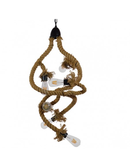 GloboStar® HAMTINE 01229 Vintage Κρεμαστό Φωτιστικό Οροφής Πολύφωτο 6 x E27 Μαύρο Μεταλλικό με Μπεζ Σχοινί Φ40 x Y92cm