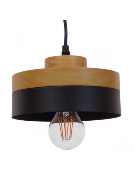 GloboStar® RUHIEL 01233 Μοντέρνο Κρεμαστό Φωτιστικό Οροφής Μονόφωτο 1 x E27 Μαύρο Μεταλλικό με Φυσικό Ξύλο Καμπάνα Φ18 x Y12cm