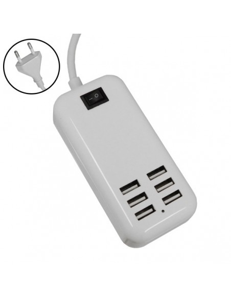 Φορτιστής USB 6 Θέσεων με ON / OFF Διακόπτη 4A 20 Watt 5V DC Λευκός GloboStar 69998