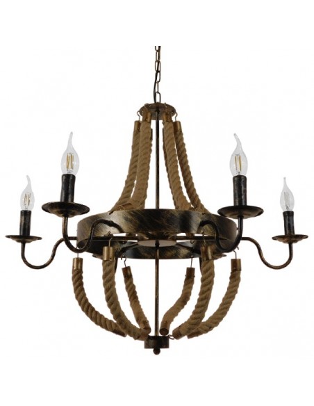 GloboStar® VICTORIAN 01404 Vintage Κρεμαστό Φωτιστικό Οροφής Πολύφωτο 6 x E14 Μπρούτζινο Σκουριά Μεταλλικό Πολυέλαιος με Μπεζ Σχοινί Φ76 x Y65cm