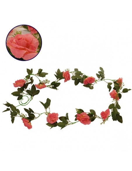 GloboStar® 09001 Τεχνητό Κρεμαστό Φυτό Διακοσμητική Γιρλάντα Μήκους 2.2 μέτρων με 10 X Μεγάλα Τριαντάφυλλα Κοραλί