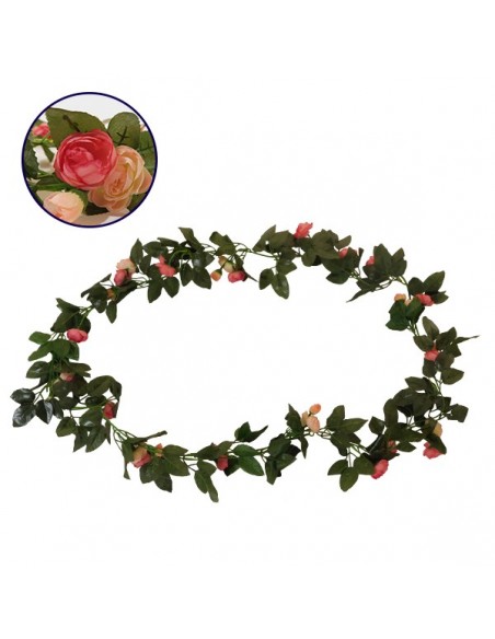 GloboStar® 09009 Τεχνητό Κρεμαστό Φυτό Διακοσμητική Γιρλάντα Μήκους 2.2 μέτρων με 32 X Μικρά Τριαντάφυλλα Σομόν Κοραλί