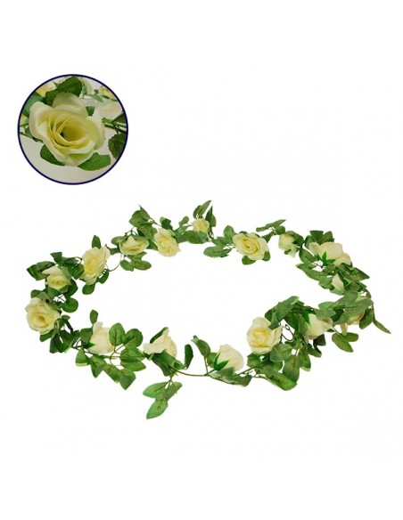 GloboStar® 09005 Τεχνητό Κρεμαστό Φυτό Διακοσμητική Γιρλάντα Μήκους 2 μέτρων με 16 X Μεγάλα Τριαντάφυλλα Λευκά