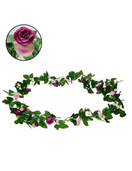 GloboStar® 09010 Τεχνητό Κρεμαστό Φυτό Διακοσμητική Γιρλάντα Μήκους 2.2 μέτρων με 32 X Μικρά Τριαντάφυλλα Μωβ