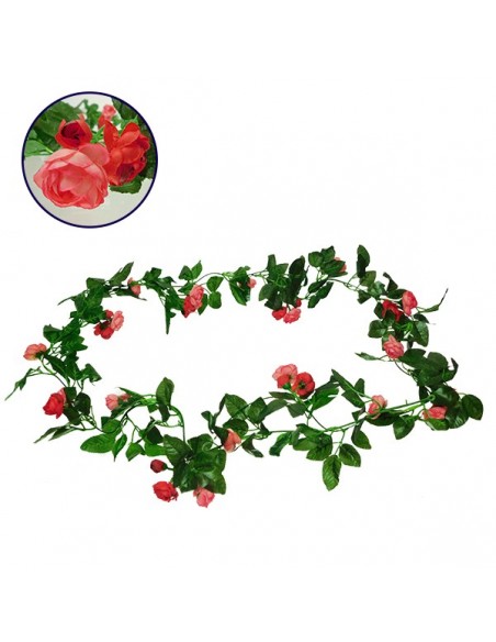 GloboStar® 09011 Τεχνητό Κρεμαστό Φυτό Διακοσμητική Γιρλάντα Μήκους 2.2 μέτρων με 32 X Μικρά Τριαντάφυλλα Ροζ Κοραλί