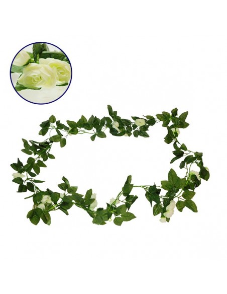 GloboStar® 09012 Τεχνητό Κρεμαστό Φυτό Διακοσμητική Γιρλάντα Μήκους 2.2 μέτρων με 32 X Μικρά Τριαντάφυλλα Λευκά