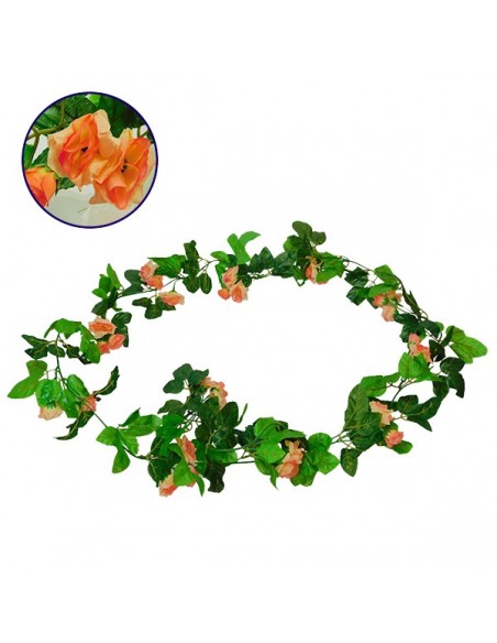 GloboStar® 09015 Τεχνητό Κρεμαστό Φυτό Διακοσμητική Γιρλάντα Μήκους 2.2 μέτρων με 33 X Μικρά Τριαντάφυλλα Σομόν