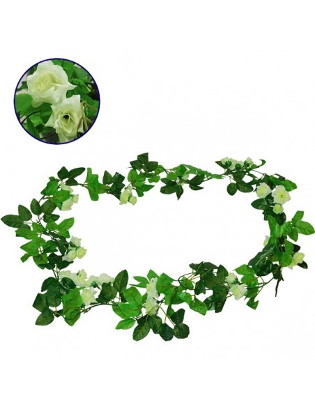 GloboStar® 09019 Τεχνητό Κρεμαστό Φυτό Διακοσμητική Γιρλάντα Μήκους 2.2 μέτρων με 33 X Μικρά Τριαντάφυλλα Πράσινα Λευκά