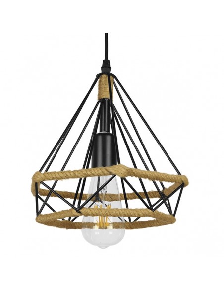 GloboStar® FLUTED 01421 Vintage Κρεμαστό Φωτιστικό Οροφής Μονόφωτο 1 x E27 Μαύρο Μεταλλικό με Μπεζ Σχοινί Φ25 x Υ24cm