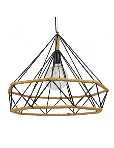 GloboStar® FLUTED 01422 Vintage Κρεμαστό Φωτιστικό Οροφής Μονόφωτο 1 x E27 Μαύρο Μεταλλικό με Μπεζ Σχοινί Φ50 x Υ44cm