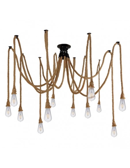 GloboStar® ATROX 01548 Vintage Φωτιστικό Οροφής Πολύφωτο 12 x E27 Μαύρο με 12 x 2 Μέτρα Μπεζ Σχοινί