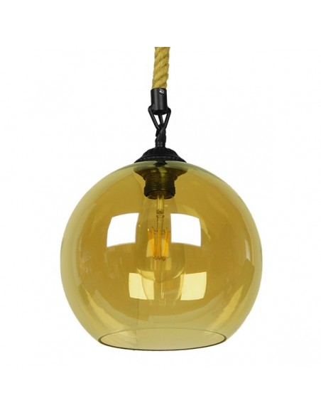 GloboStar® LENHAM 01668 Μοντέρνο Κρεμαστό Φωτιστικό Οροφής Μονόφωτο 1 x E27 με 1 Μέτρο Μπεζ Σχοινί Γυάλινο Μελί Διάφανο Φ25 x Υ25cm