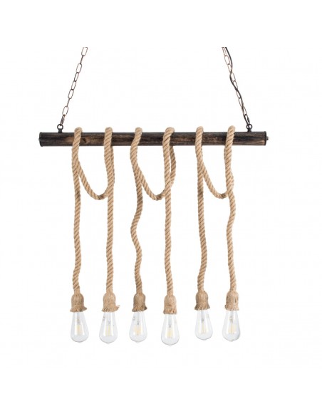 GloboStar® RAILROAD 01379 Vintage Industrial Κρεμαστό Φωτιστικό Οροφής Πολύφωτο 6 x E27 Μπρούτζινο Μεταλλικό με Μπεζ Σχοινί Μ80 x Π4 x Y55cm