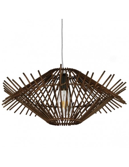 GloboStar® SASSO 01602 Vintage Κρεμαστό Φωτιστικό Οροφής Μονόφωτο 1 x E27 Καφέ Σκούρο Ξύλινο Ψάθινο Μπαμπού Φ50 x Υ23cm