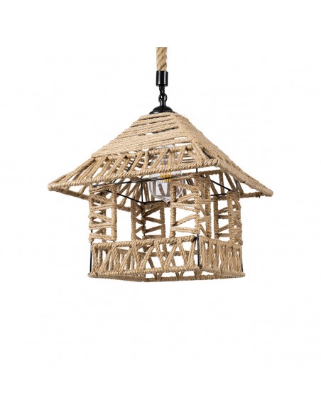 GloboStar® SPIKY 01613 Vintage Κρεμαστό Φωτιστικό Οροφής Μονόφωτο 1 x E27 Πλέγμα με Μπεζ Σχοινί Φ43 x Υ28cm