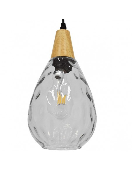 GloboStar® NOAH 01491 Μοντέρνο Κρεμαστό Φωτιστικό Οροφής Μονόφωτο 1 x E27 Γυάλινο με Ξύλο Διάφανο Φ16 x Υ30cm
