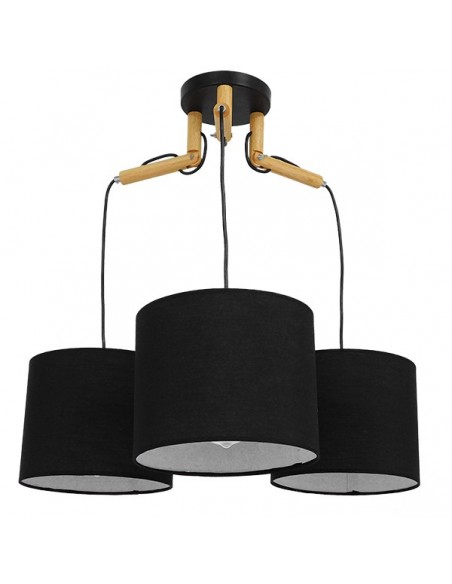 GloboStar® RAMSON 01525 Μοντέρνο Κρεμαστό Φωτιστικό Οροφής Τρίφωτο 3 x E27 Μαύρο με Ξύλο και Υφασμάτινα Καπελα Φ67 x Υ65cm