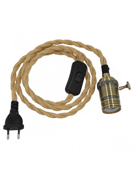 Κρεμαστό Φωτιστικό Whip με Μπρούτζινο Ντουί E27 - Μαύρο Διακόπτη - Μαύρη Πρίζα και Μπέζ Πλεκτό Καλώδιο 1.4m GloboStar 91041