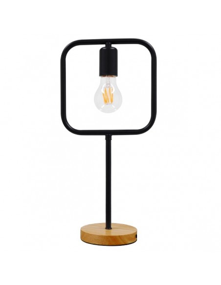 GloboStar® HONOR SQUARE 01435 Μοντέρνο Επιτραπέζιο Φωτιστικό Πορτατίφ Μονόφωτο Μαύρο Μεταλλικό με Ξύλινη Βάση Δρυς Μ20 x Π20 x Υ42cm