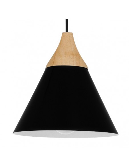 GloboStar® SHADE 00906 Μοντέρνο Κρεμαστό Φωτιστικό Οροφής Μονόφωτο 1 x E27 Μαύρο Μεταλλικό με Ξύλο Καμπάνα Φ23 x Υ22cm
