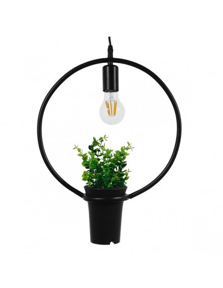 GloboStar® FLOWERPOT 10001212 Μοντέρνο Κρεμαστό Φωτιστικό Οροφής Μονόφωτο 1 x E27 Μαύρο Μεταλλικό με Διακοσμητικό Φυτό Φ30 x Y30cm