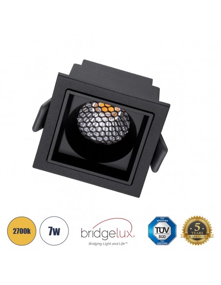 GloboStar® PLUTO-S 60269 Χωνευτό LED Spot Downlight TrimLess Μ6.4xΠ6.4cm 7W 875lm 38° AC 220-240V IP20 Μ6.4 x Π6.4 x Υ4.9cm - Τετράγωνο - Μαύρο & Anti-Glare HoneyComb - Θερμό Λευκό 2700K - Bridgelux COB - 5 Years Warranty
