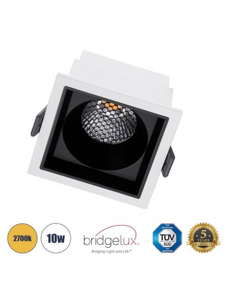 GloboStar® PLUTO-M 60271 Χωνευτό LED Spot Downlight TrimLess Μ8.4xΠ8.4cm 10W 1250lm 38° AC 220-240V IP20 Μ8.4 x Π8.4 x Υ5.9cm - Τετράγωνο - Λευκό με Μαύρο Κάτοπτρο & Anti-Glare HoneyComb - Θερμό Λευκό 2700K - Bridgelux COB - 5 Years Warranty