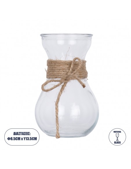 GloboStar® LUCY 35610 Διακοσμητικό Βάζο Γυάλινο Διάφανο με Σχοινί Φ8.8 x Υ13.8cm
