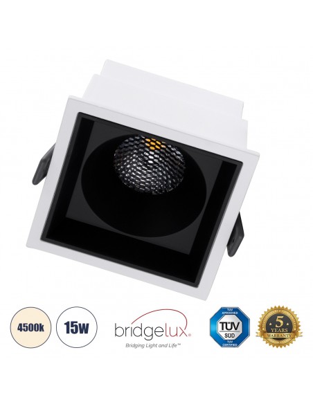 GloboStar® PLUTO-B 60276 Χωνευτό LED Spot Downlight TrimLess Μ10.4xΠ10.4cm 15W 1950lm 38° AC 220-240V IP20 Μ10.4 x Π10.4 x Υ6.5cm - Τετράγωνο - Λευκό με Μαύρο Κάτοπτρο & Anti-Glare HoneyComb - Φυσικό Λευκό 4500K - Bridgelux COB - 5 Years Warranty