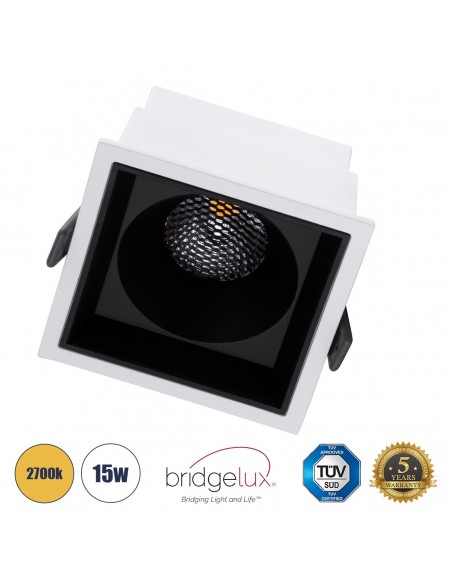 GloboStar® PLUTO-B 60277 Χωνευτό LED Spot Downlight TrimLess Μ10.4xΠ10.4cm 15W 1875lm 38° AC 220-240V IP20 Μ10.4 x Π10.4 x Υ6.5cm - Τετράγωνο - Λευκό με Μαύρο Κάτοπτρο & Anti-Glare HoneyComb - Θερμό Λευκό 2700K - Bridgelux COB - 5 Years Warranty