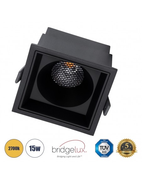 GloboStar® PLUTO-B 60281 Χωνευτό LED Spot Downlight TrimLess Μ10.4xΠ10.4cm 15W 1875lm 38° AC 220-240V IP20 Μ10.4 x Π10.4 x Υ6.5cm - Τετράγωνο - Μαύρο & Anti-Glare HoneyComb - Θερμό Λευκό 2700K - Bridgelux COB - 5 Years Warranty