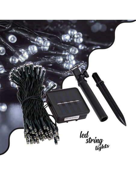 85808 Διακοσμητική Γιρλάντα 10 Μέτρων με Controller 8 Προγραμμάτων Φωτισμού - 100 LED 4W με Ενσωματωμένη Μπαταρία 600mAh - Φωτοβολταϊκό Πάνελ - Αισθητήρα Ημέρας-Νύχτας - Βάση Κήπου & Σκούρο Πράσινο Καλώδιο Αδιάβροχη IP65 Ψυχρό Λευκό 6000K Μ10m